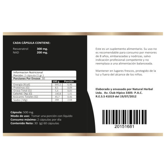Resveratrol + Nad 500 Mg 60 Capsulas