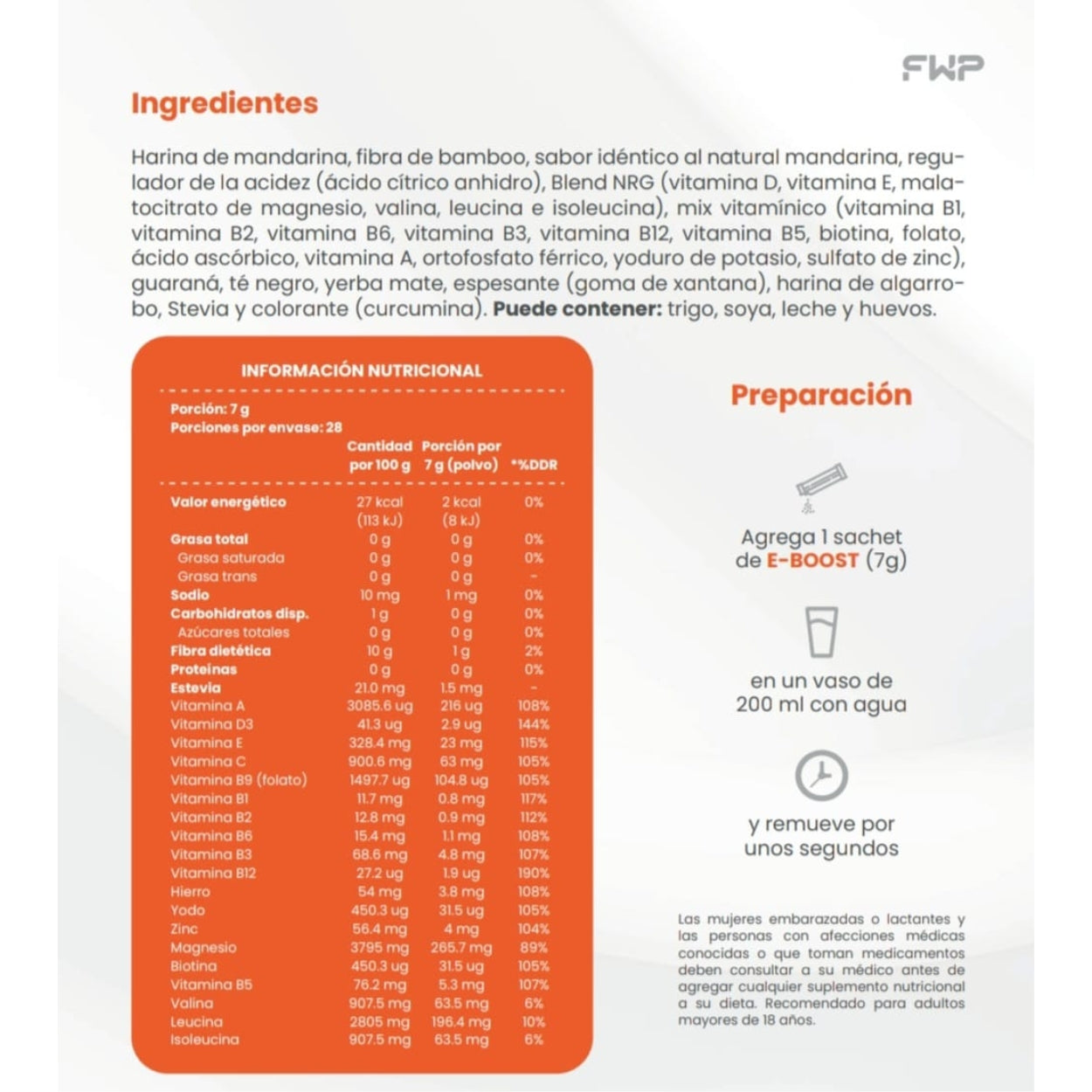 E-boost Energizante Natural Sabor Mandarina 0% Azúcar FWP