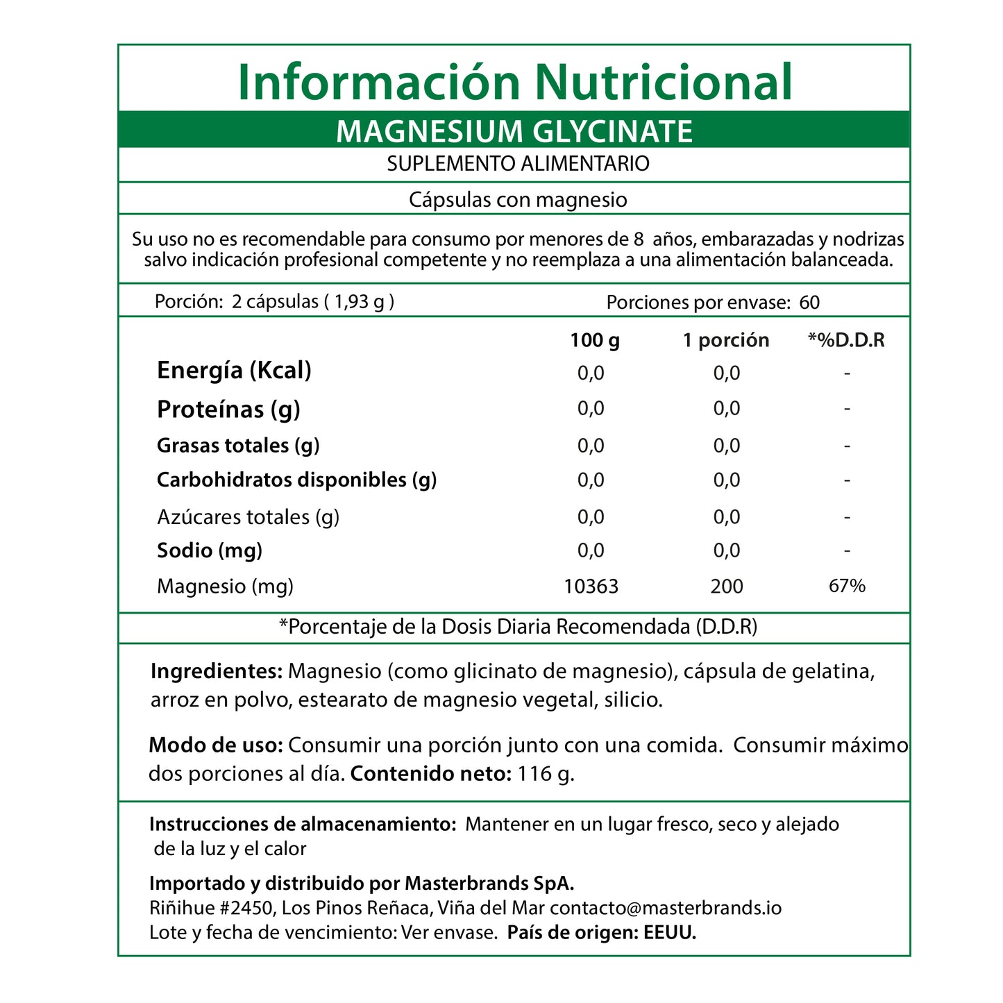 Magnesio Glicinato 200mg, 60 Cápsulas Nature's Truth