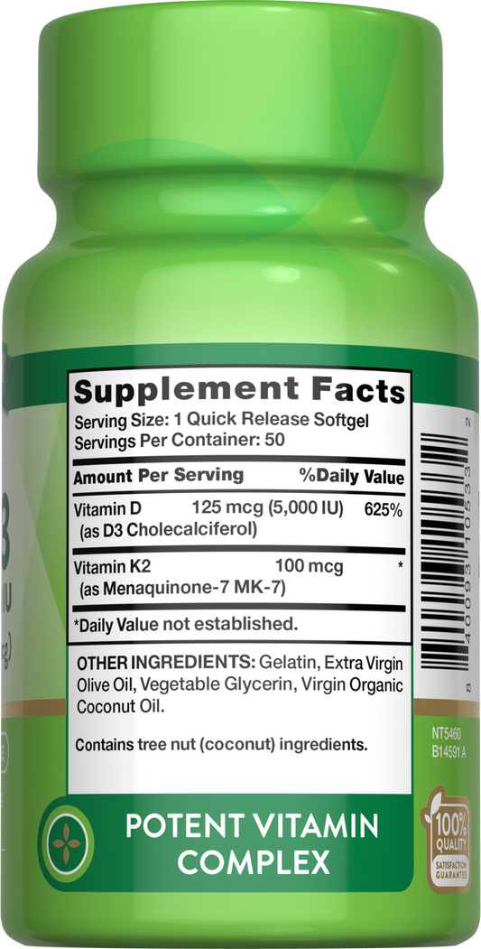 Vitamina K2 100mcg + D3 5000 Ui Nature's Truth 50 Caps.